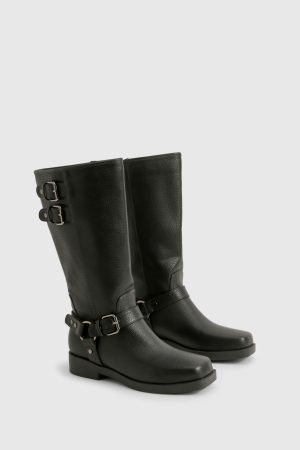 Wide Fit Textured Leather Look Biker Buckle Detail Boots