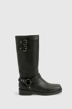 Wide Fit Textured Leather Look Biker Buckle Detail Boots