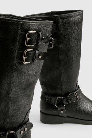 Wide Fit Textured Leather Look Biker Buckle Detail Boots