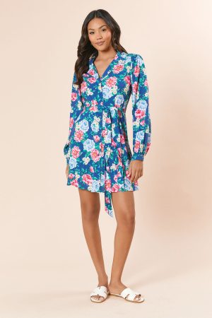 Blue Floral Blouson Sleeve Mini Shirt Dress