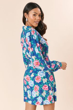 Blue Floral Blouson Sleeve Mini Shirt Dress