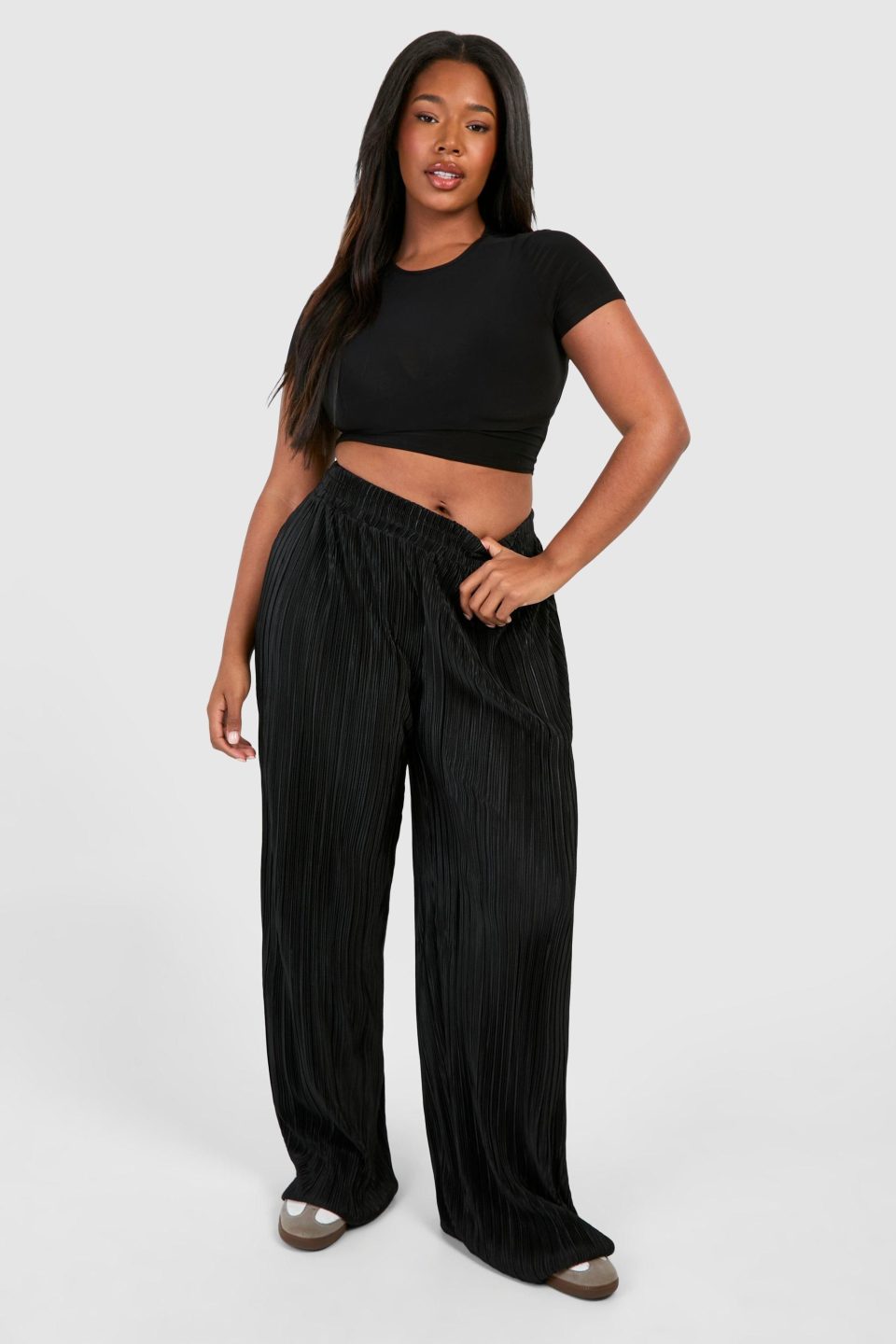 Plus Plisse Elasticated Waist Band Wide Leg Trouser