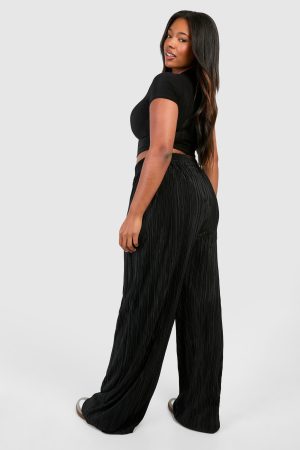 Plus Plisse Elasticated Waist Band Wide Leg Trouser