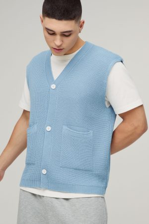 Boxy Ribbed Contrast Button Knitted Vest