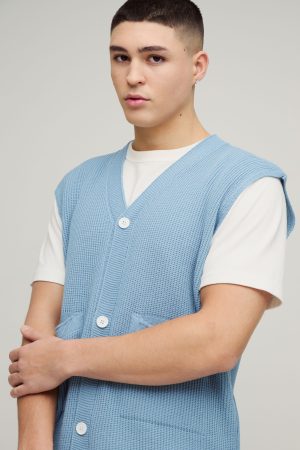 Boxy Ribbed Contrast Button Knitted Vest