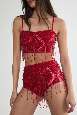 Diamante Embellished Tassel Beaded Booty Shorts