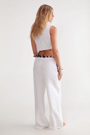 Picot Trim Tie Front Top And Wide Leg Beach Pants Set