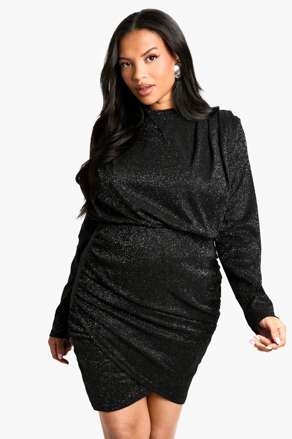 Plus Shoulder Pad Ruched Glitter Dress