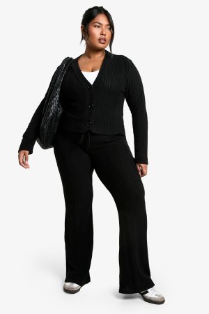 Plus Soft Rib Cardigan And Drawstring Trouser Knitted Set