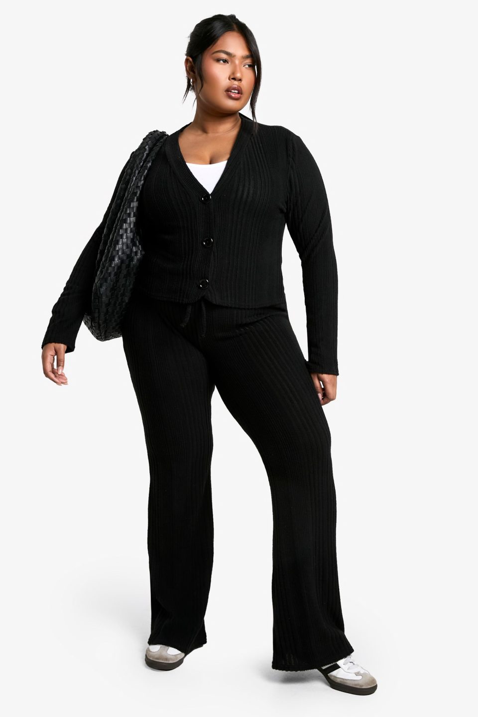 Plus Soft Rib Cardigan And Drawstring Trouser Knitted Set