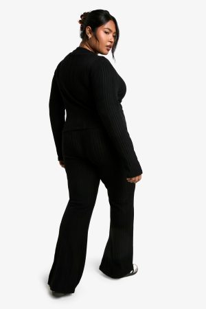 Plus Soft Rib Cardigan And Drawstring Trouser Knitted Set