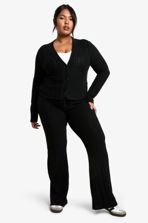 Plus Soft Rib Cardigan And Drawstring Trouser Knitted Set