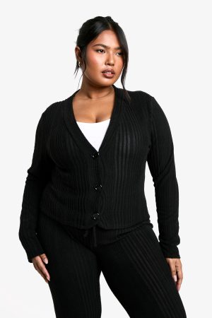 Plus Soft Rib Cardigan And Drawstring Trouser Knitted Set