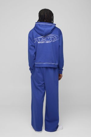 Oversized Man Contrast Embroidery Hooded Tracksuit