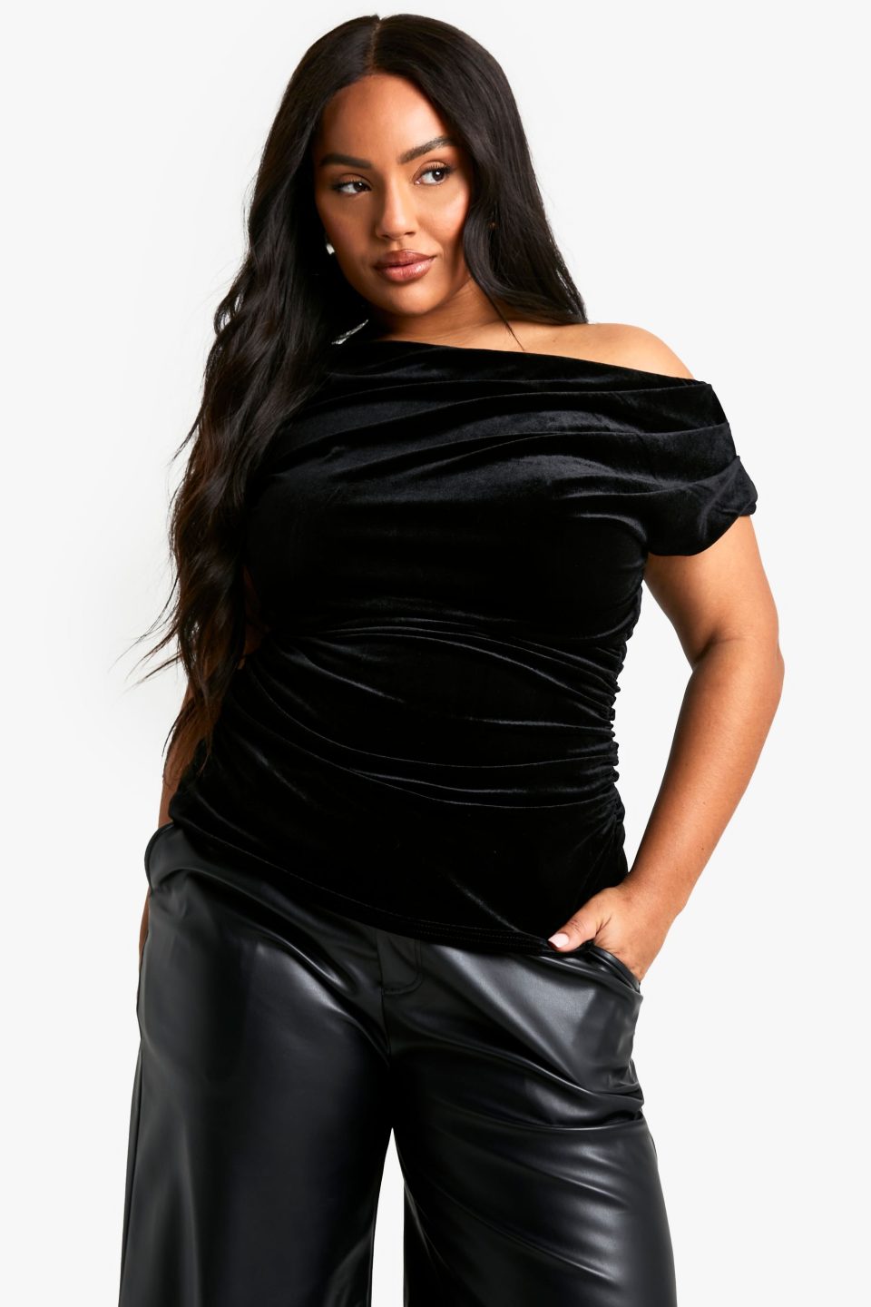Plus Velvet Asymmetric Ruched Top