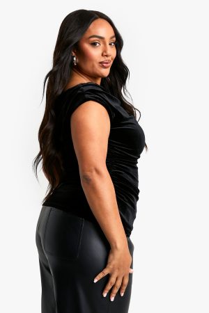 Plus Velvet Asymmetric Ruched Top