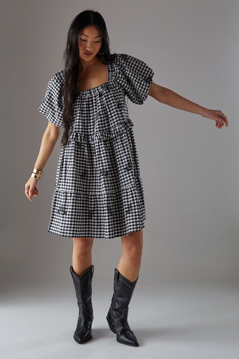 Petite Embroidered Gingham Smock Mini Dress