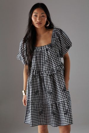 Petite Embroidered Gingham Smock Mini Dress