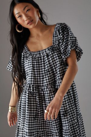 Petite Embroidered Gingham Smock Mini Dress