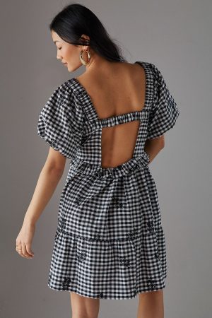 Petite Embroidered Gingham Smock Mini Dress