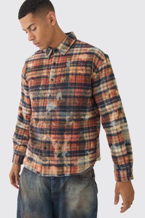 Oversized Washed Printed Checked Shirt