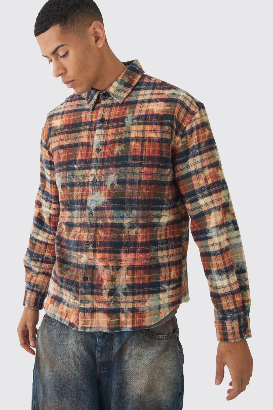 Oversized Washed Printed Checked Shirt