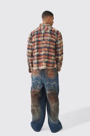 Oversized Washed Printed Checked Shirt