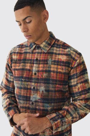 Oversized Washed Printed Checked Shirt
