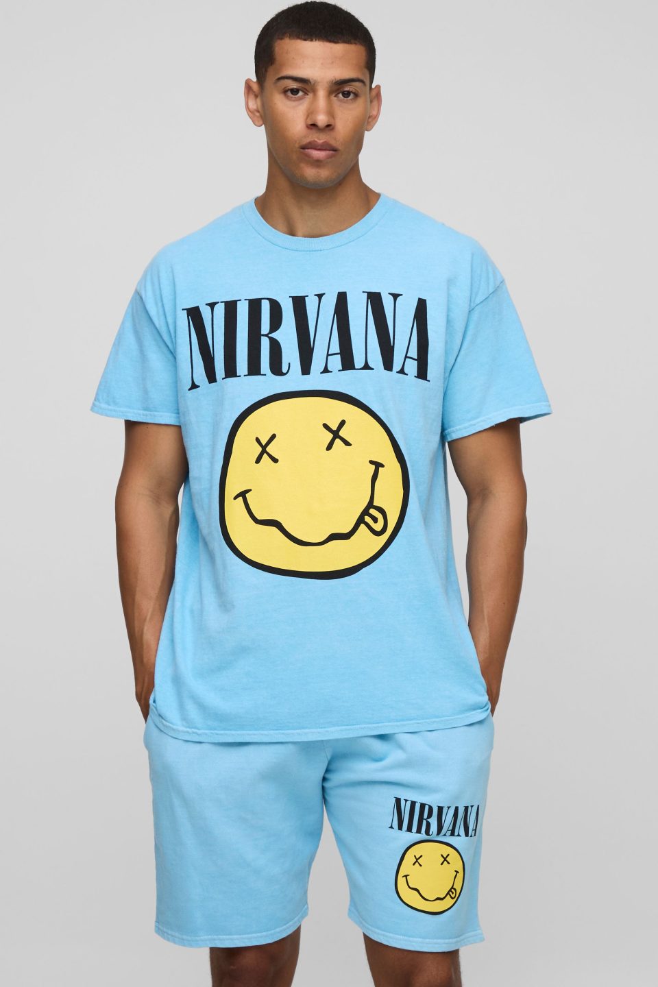Light Blue Oversized Nirvana License T-Shirt & Short Set