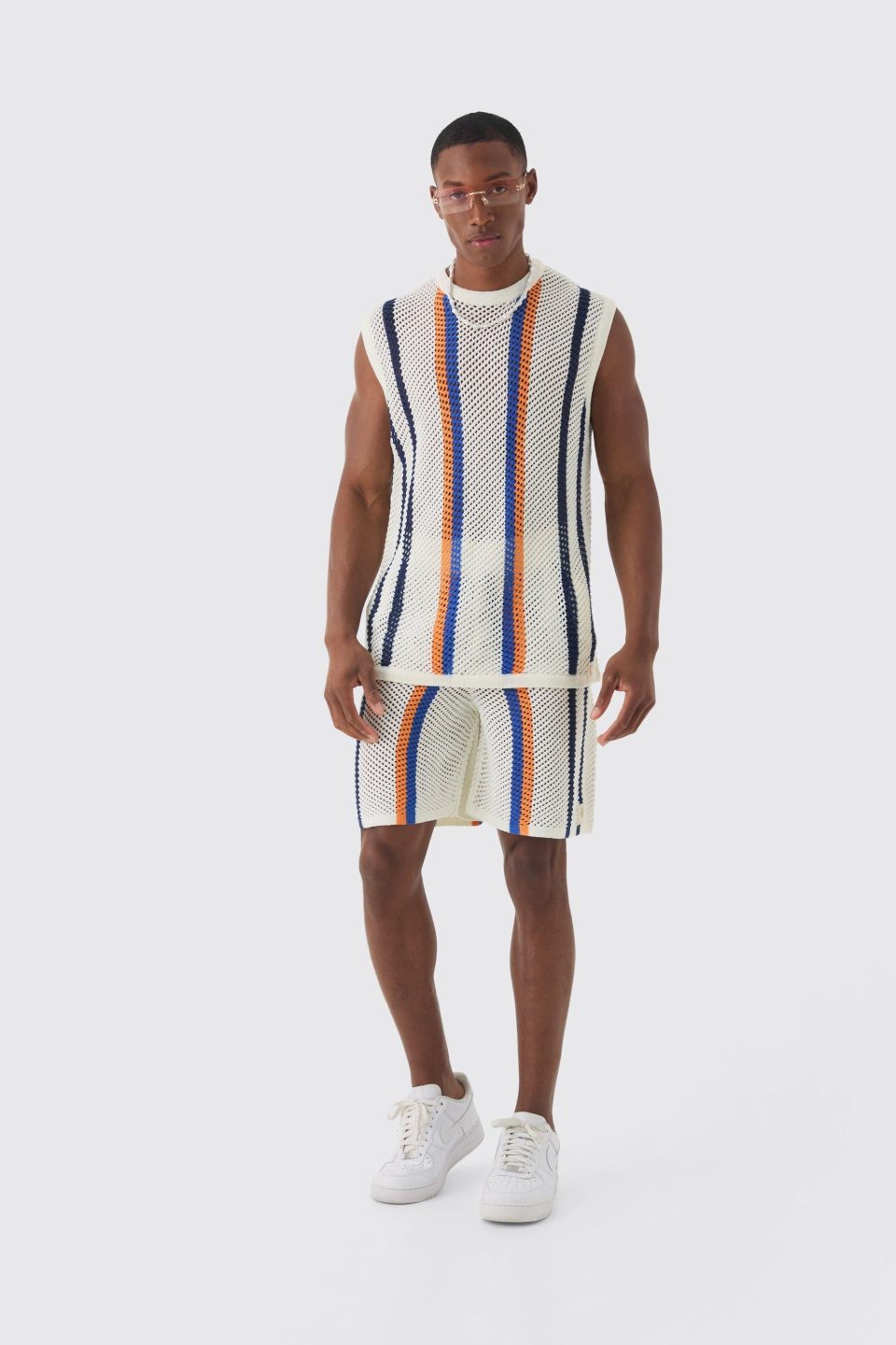 Oversized Open Stitch Stripe Knitted Tank Set