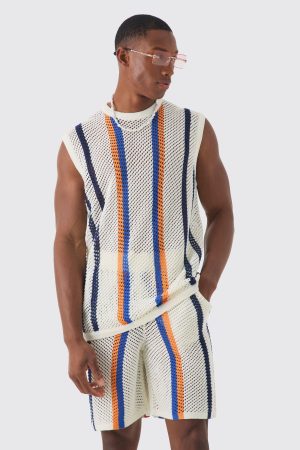 Oversized Open Stitch Stripe Knitted Tank Set