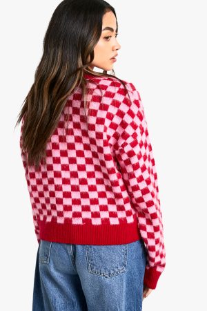Brushed Knit Checked Crop Jumper