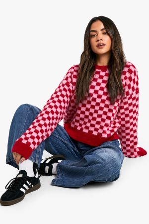 Brushed Knit Checked Crop Jumper