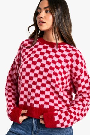 Brushed Knit Checked Crop Jumper