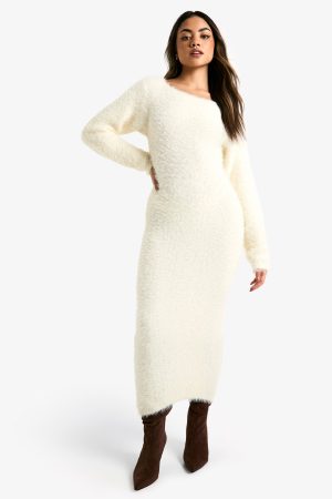 Fluffy Knitted Open Back Maxi Dress