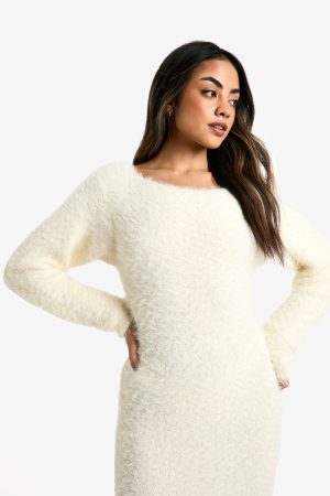 Fluffy Knitted Open Back Maxi Dress