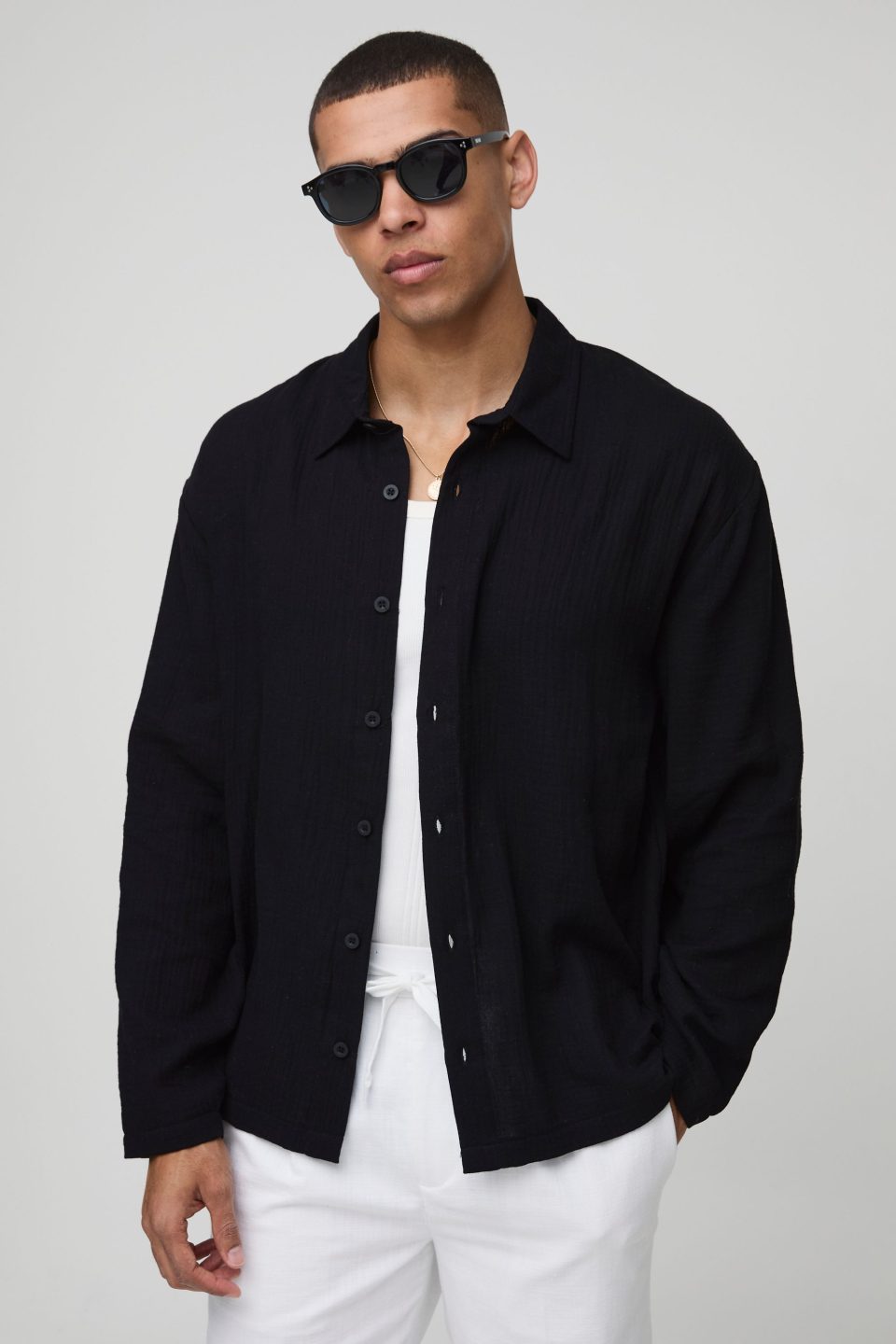 Oversized Collared Long Sleeve Cheesecloth Shirt