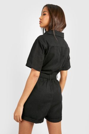 Belted Cargo Denim Playsuit