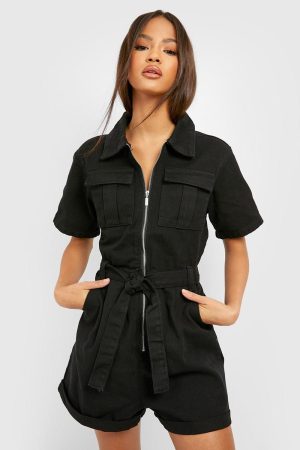 Belted Cargo Denim Playsuit