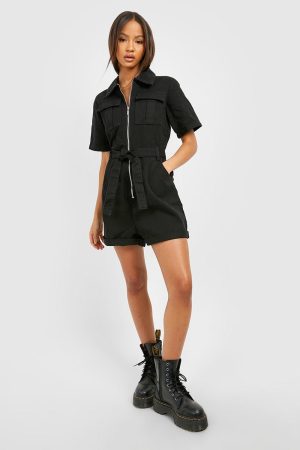 Belted Cargo Denim Playsuit