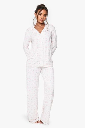Bow Print Long Sleeve Shirt & Trousers Pyjama Set