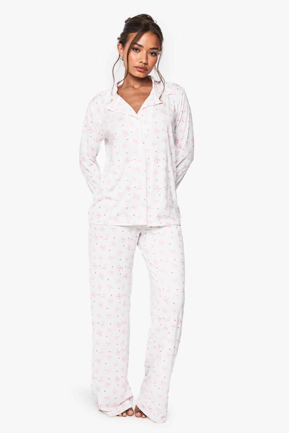 Bow Print Long Sleeve Shirt & Trousers Pyjama Set