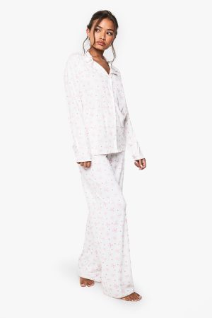 Bow Print Long Sleeve Shirt & Trousers Pyjama Set