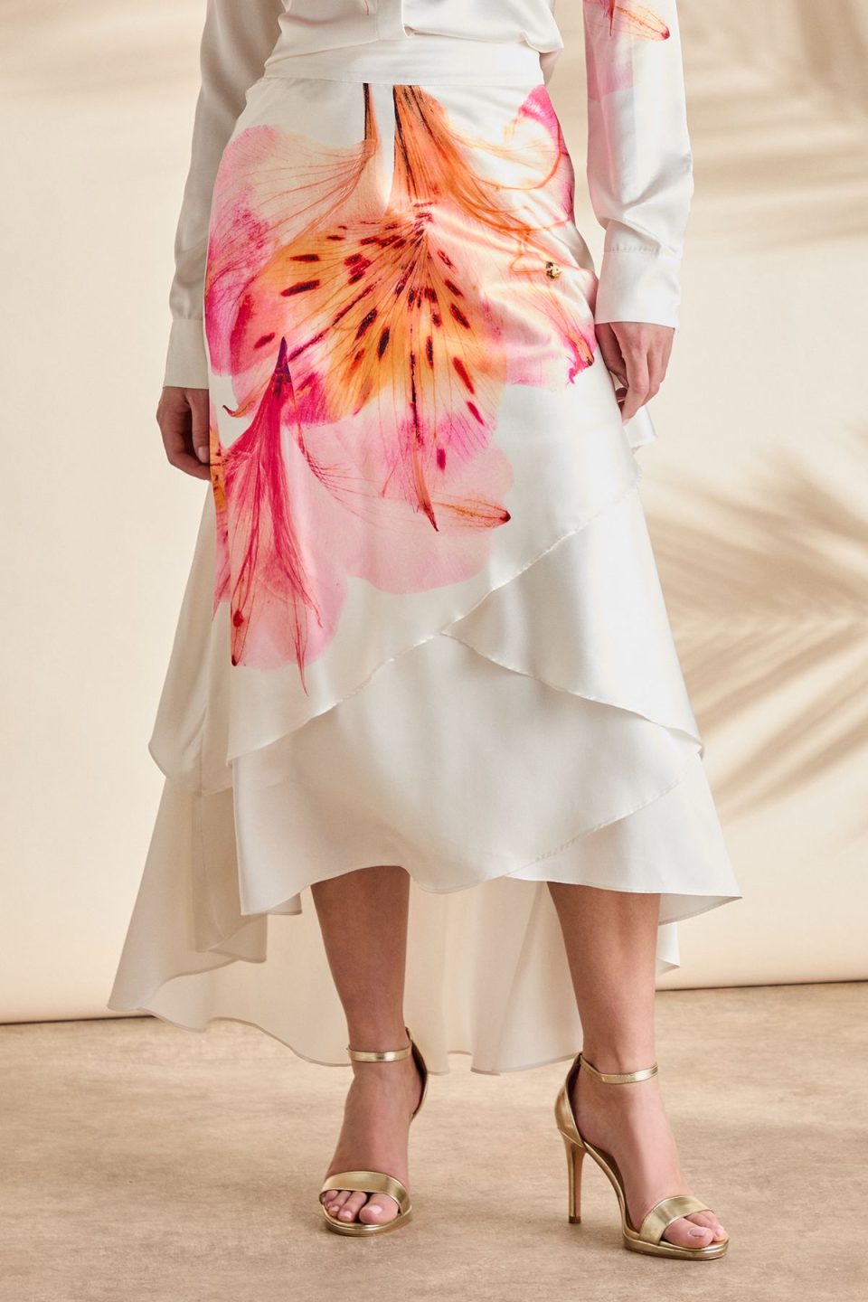 Printed Satin High Low Hem Midi Skirt