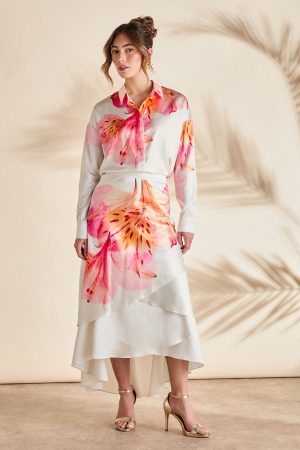 Printed Satin High Low Hem Midi Skirt