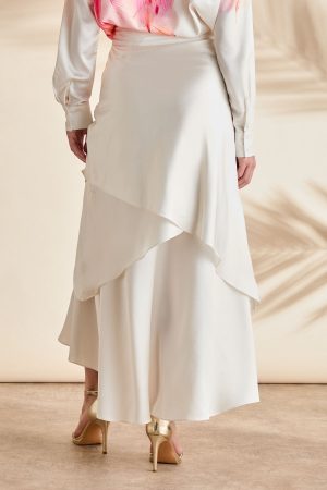 Printed Satin High Low Hem Midi Skirt