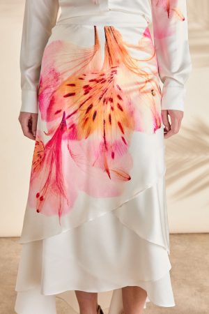 Printed Satin High Low Hem Midi Skirt
