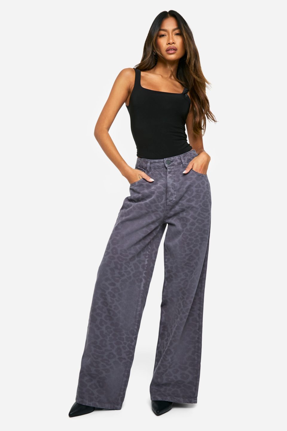 Laser Print Leopard Denim Wide Leg Jean