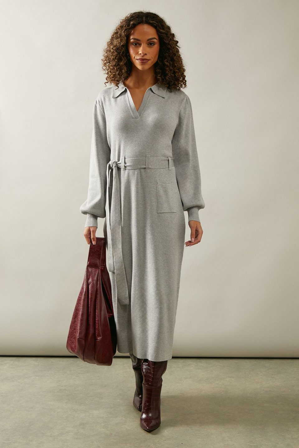 Collared Belted Midi Jumper Dress