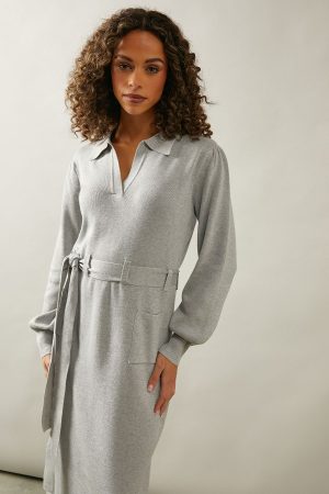 Collared Belted Midi Jumper Dress